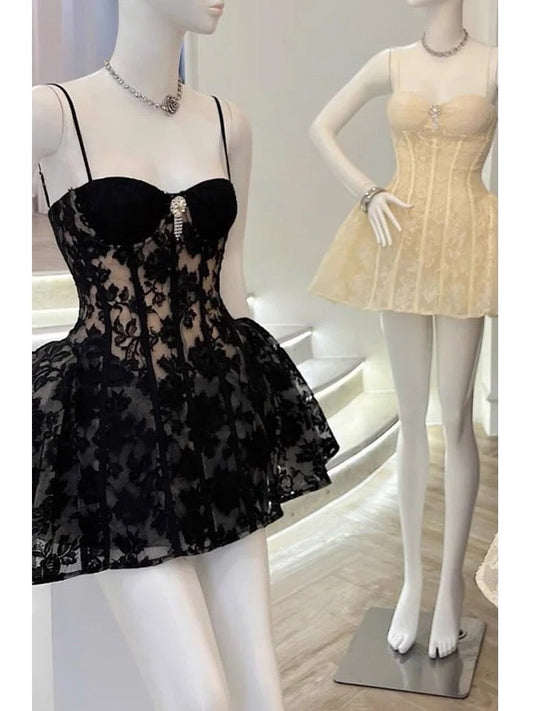 Vestido de fiesta corto con tirantes finos y encaje negro para octavo grado, vestido de cóctel para secundaria, trajes Hoco DH2626