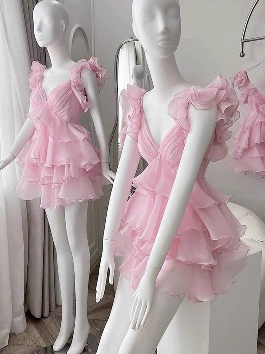 Vestido corto de gasa rosa con escote en V, corte A, para fiesta de 8.º grado, cóctel, Hoco Outfits DH2640