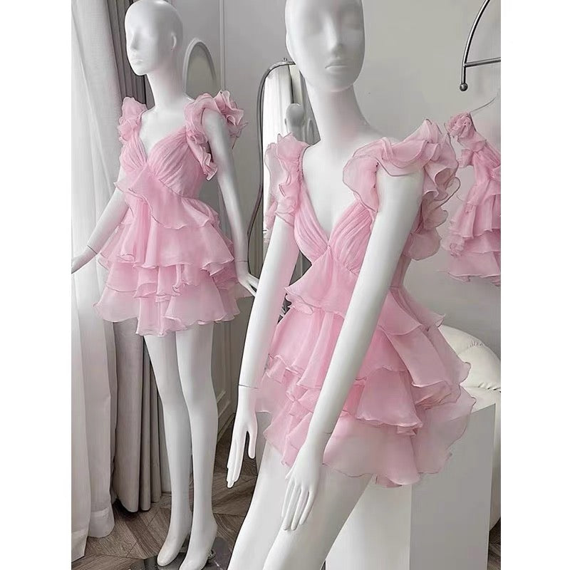 Vestido corto de gasa rosa con escote en V, corte A, para fiesta de 8.º grado, cóctel, Hoco Outfits DH2640
