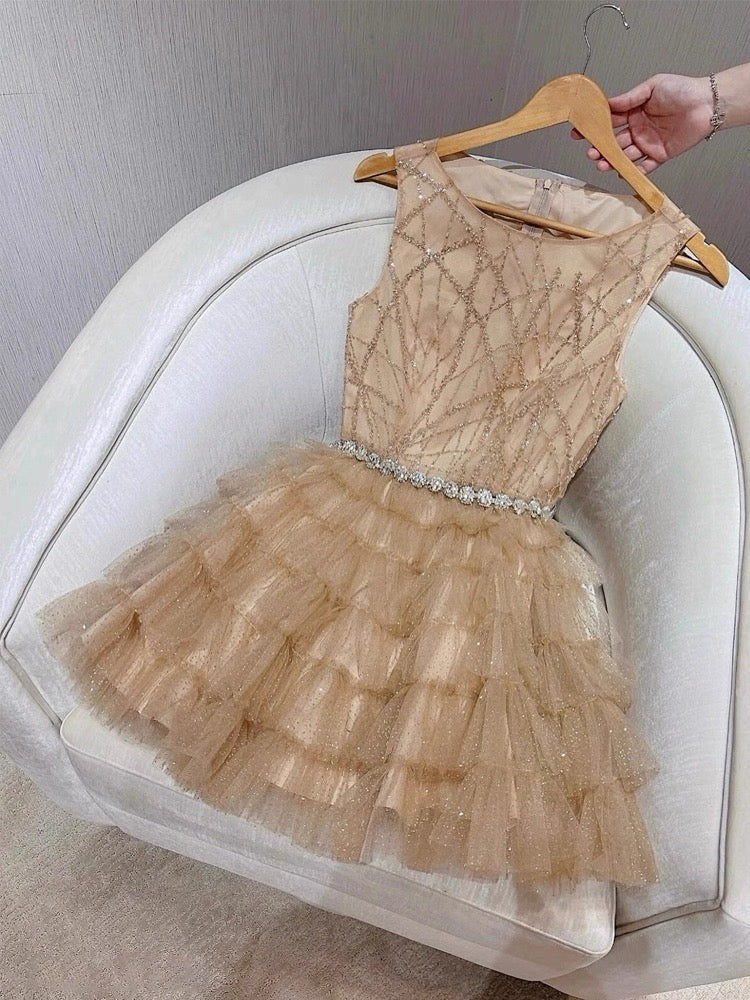Hermoso vestido de fiesta con escote redondo y tul color champán, vestido formal para el regreso a casa, baile de graduación, vestido corto Hoco, DH2642
