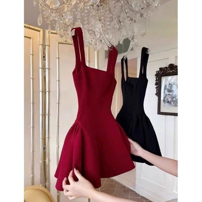 Vestido corto rojo de fiesta con escote cuadrado y corte A, ideal para bailes de verano, minivestido de cóctel DH2643