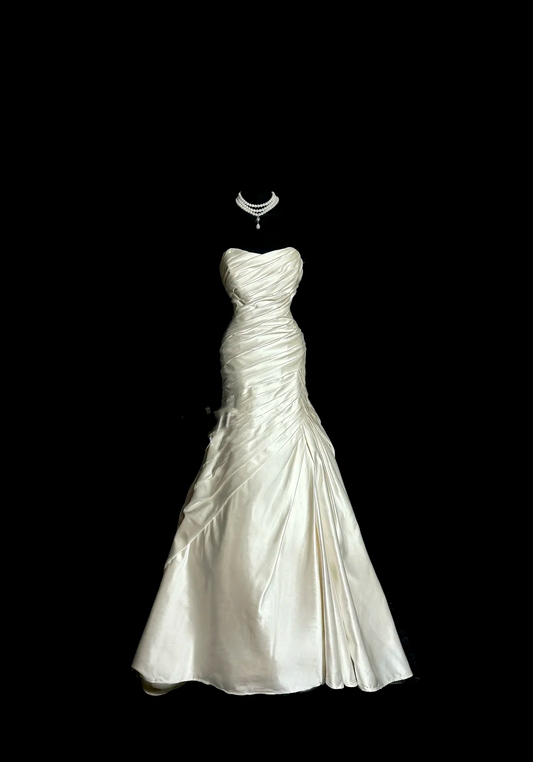 Vestido de novia retro de corte sirena, escote corazón, marfil, satén, largo, estilo retro, modesto, DH2645