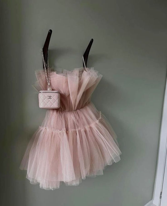 Hermosos vestidos de fiesta de verano de corte A, sin tirantes, de tul rosa ruborizado, cortos y formales para octavo grado, vestido de fiesta de secundaria, trajes de fiesta DH265
