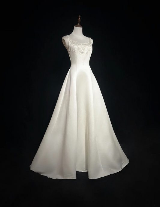 Vestido de novia vintage, vestido de fiesta cuadrado de satén marfil, vestido de novia largo, vestidos de novia retro, vestidos de novia modestos DH2651
