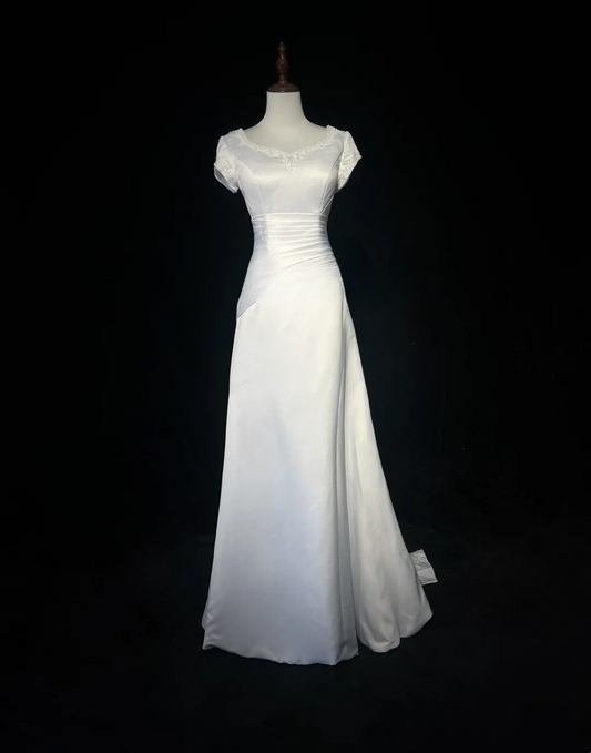 Vestido de novia vintage, corte A, escote en V, cuentas blancas, satén, largo, estilo retro, modesto, DH2653