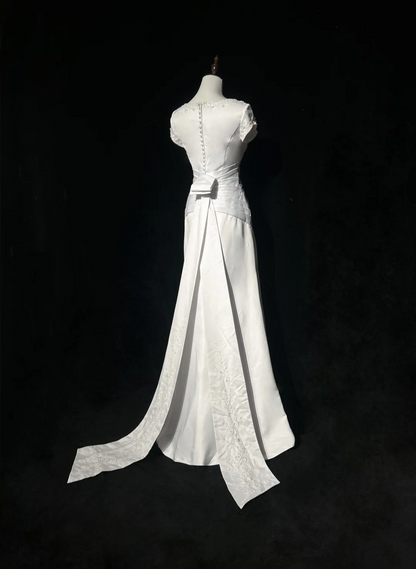 Vestido de novia vintage, corte A, escote en V, cuentas blancas, satén, largo, estilo retro, modesto, DH2653