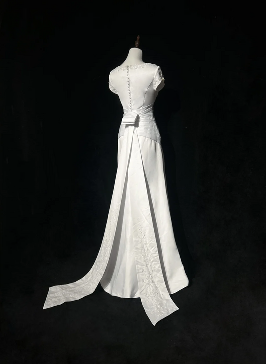 Vestido de novia vintage, corte A, escote en V, cuentas blancas, satén, largo, estilo retro, modesto, DH2653
