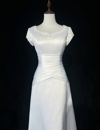 Vestido de novia vintage, corte A, escote en V, cuentas blancas, satén, largo, estilo retro, modesto, DH2653
