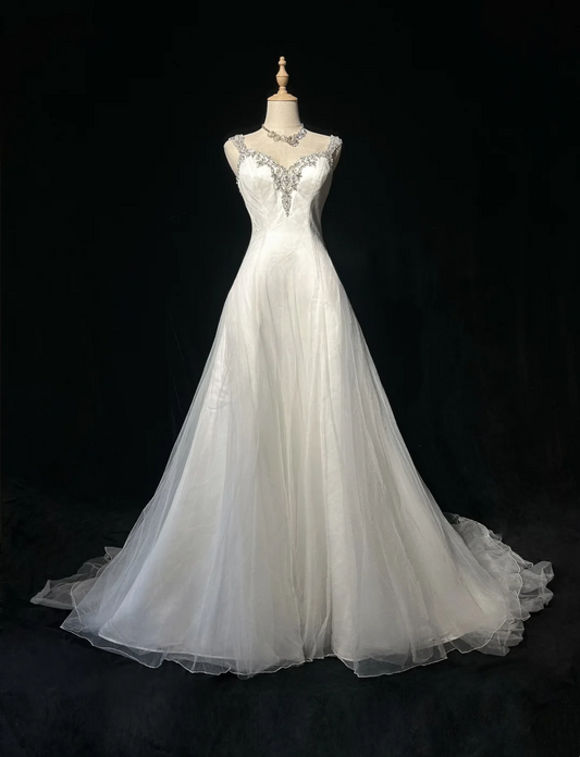 Vestido de novia vintage, vestido de fiesta, escote corazón, blanco, cuentas plateadas, tul, vestido de novia largo, vestidos de novia retro, vestidos de novia modestos DH2657