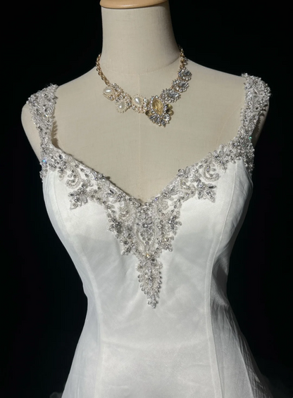 Vestido de novia vintage, vestido de fiesta, escote corazón, blanco, cuentas plateadas, tul, vestido de novia largo, vestidos de novia retro, vestidos de novia modestos DH2657