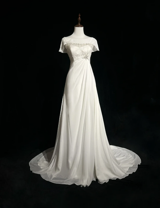 Vestido de novia vintage, corte A, escote redondo, mangas cortas, cuentas blancas plateadas, vestido de novia largo, vestidos de novia retro, vestidos de novia modestos DH2659