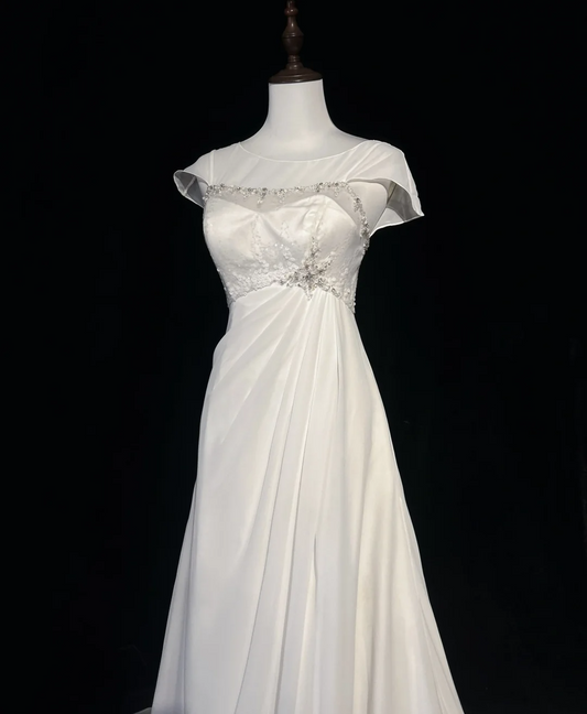 Vestido de novia vintage, corte A, escote redondo, mangas cortas, cuentas blancas plateadas, vestido de novia largo, vestidos de novia retro, vestidos de novia modestos DH2659