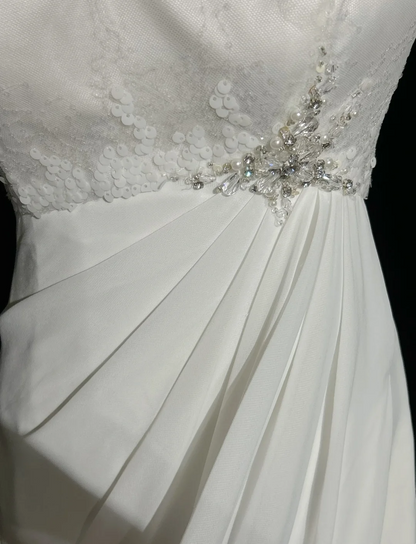 Vestido de novia vintage, corte A, escote redondo, mangas cortas, cuentas blancas plateadas, vestido de novia largo, vestidos de novia retro, vestidos de novia modestos DH2659