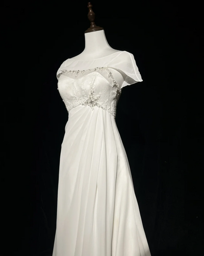 Vestido de novia vintage, corte A, escote redondo, mangas cortas, cuentas blancas plateadas, vestido de novia largo, vestidos de novia retro, vestidos de novia modestos DH2659