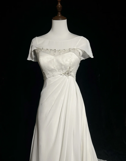 Vestido de novia vintage, corte A, escote redondo, mangas cortas, cuentas blancas plateadas, vestido de novia largo, vestidos de novia retro, vestidos de novia modestos DH2659