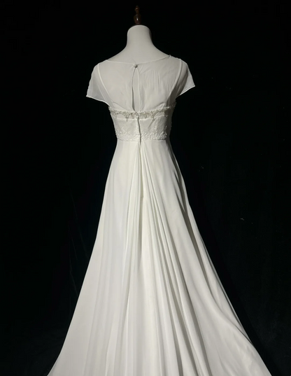 Vestido de novia vintage, corte A, escote redondo, mangas cortas, cuentas blancas plateadas, vestido de novia largo, vestidos de novia retro, vestidos de novia modestos DH2659