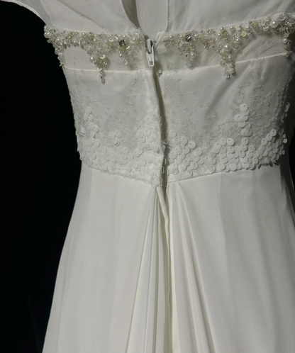 Vestido de novia vintage, corte A, escote redondo, mangas cortas, cuentas blancas plateadas, vestido de novia largo, vestidos de novia retro, vestidos de novia modestos DH2659