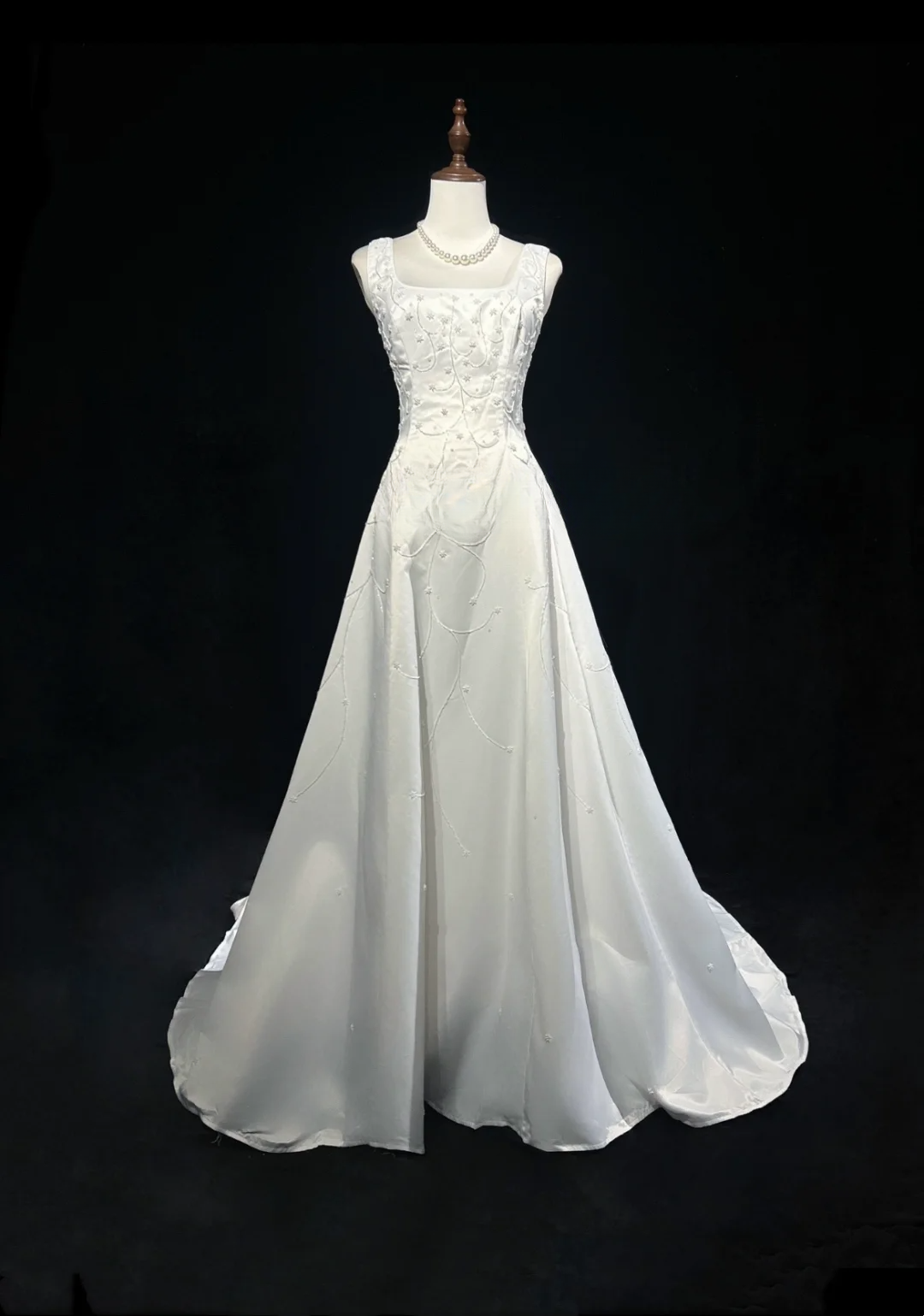 Vestido de novia vintage, corte A, escote cuadrado, satén blanco, cuentas, largo, estilo retro, modesto, DH2661