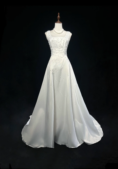 Vestido de novia vintage, corte A, escote cuadrado, satén blanco, cuentas, largo, estilo retro, modesto, DH2661