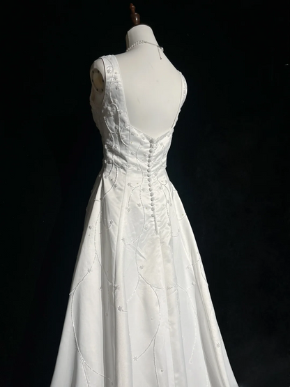 Vestido de novia vintage, corte A, escote cuadrado, satén blanco, cuentas, largo, estilo retro, modesto, DH2661