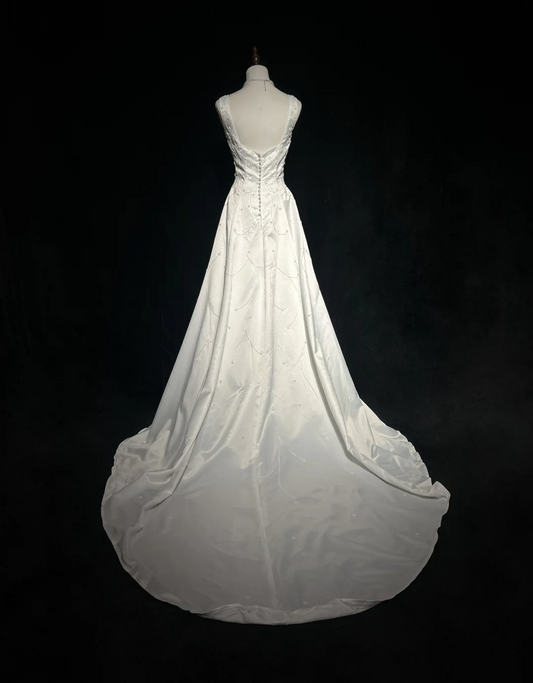 Vestido de novia vintage, corte A, escote cuadrado, satén blanco, cuentas, largo, estilo retro, modesto, DH2661