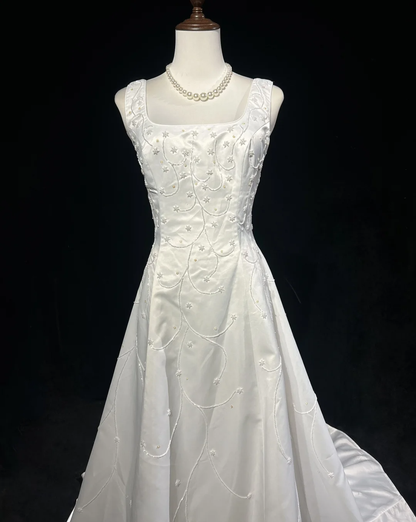 Vestido de novia vintage, corte A, escote cuadrado, satén blanco, cuentas, largo, estilo retro, modesto, DH2661