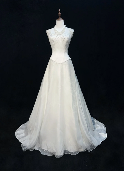 Vestido de novia princesa, corte A, escote corazón, satén, cuentas blancas, largo, estilo retro, modesto, DH2664