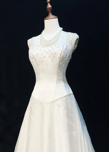 Vestido de novia princesa, corte A, escote corazón, satén, cuentas blancas, largo, estilo retro, modesto, DH2664