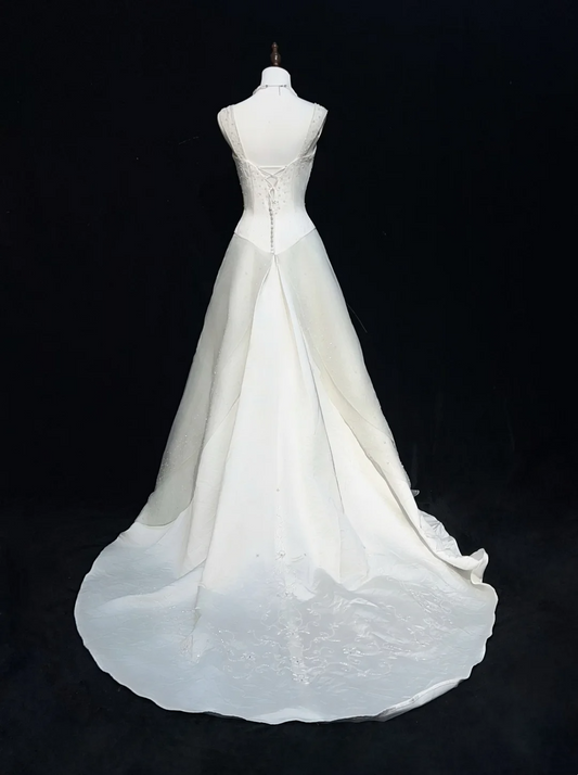 Vestido de novia princesa, corte A, escote corazón, satén, cuentas blancas, largo, estilo retro, modesto, DH2664
