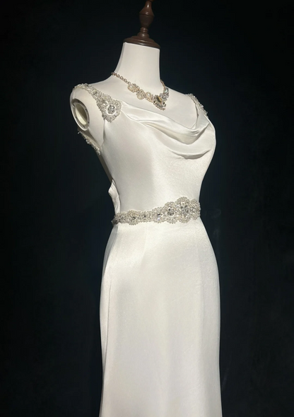 Vestido de novia vintage, corte A, tirantes finos, satén blanco, cuentas, largo, estilo retro, modesto, DH2666