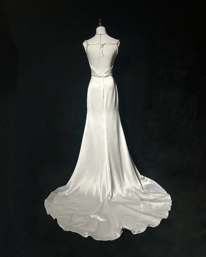 Vestido de novia princesa estilo sirena con tirantes finos, satén blanco y cuentas, largo, estilo retro, DH2665