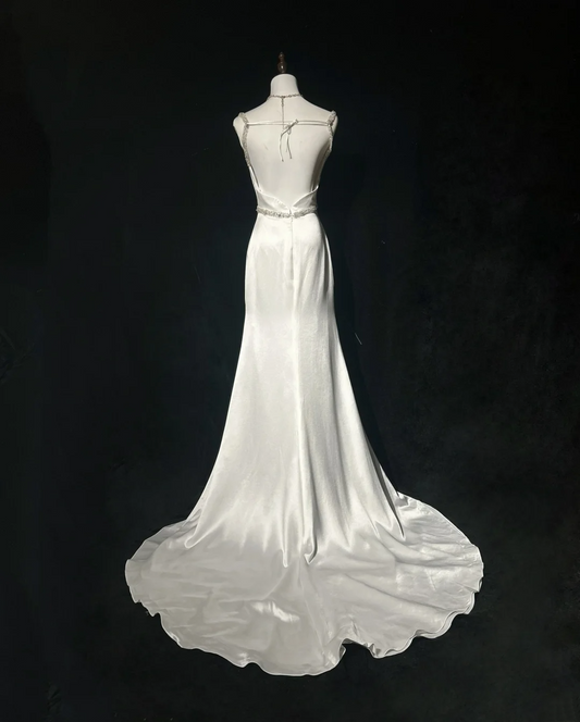 Vestido de novia princesa estilo sirena con tirantes finos, satén blanco y cuentas, largo, estilo retro, DH2665
