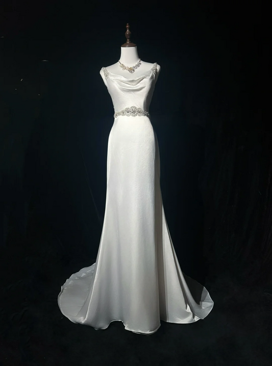 Vestido de novia princesa estilo sirena con tirantes finos, satén blanco y cuentas, largo, estilo retro, DH2665