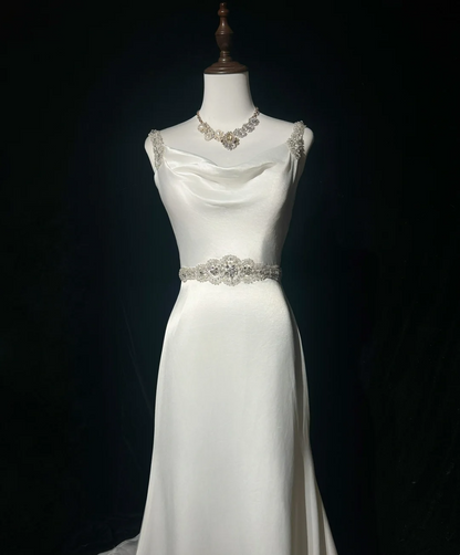 Vestido de novia princesa estilo sirena con tirantes finos, satén blanco y cuentas, largo, estilo retro, DH2665