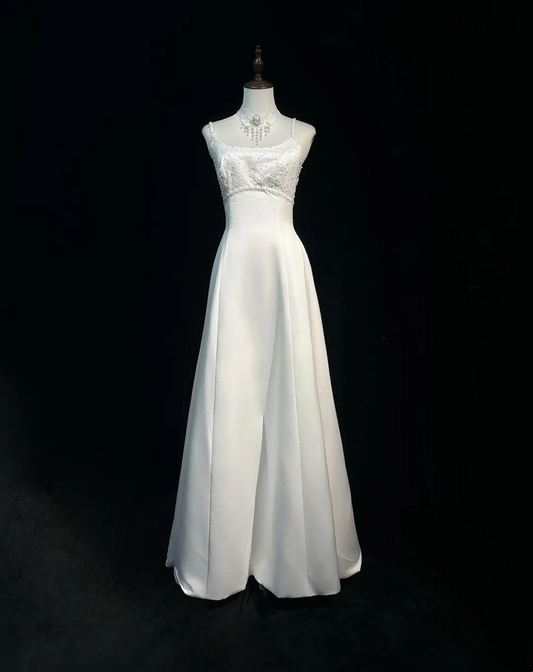 Vestido de novia vintage, corte A, tirantes finos, satén blanco, cuentas, largo, estilo retro, modesto, DH2666