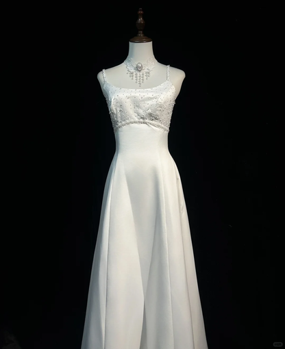 Vestido de novia vintage, corte A, tirantes finos, satén blanco, cuentas, largo, estilo retro, modesto, DH2666