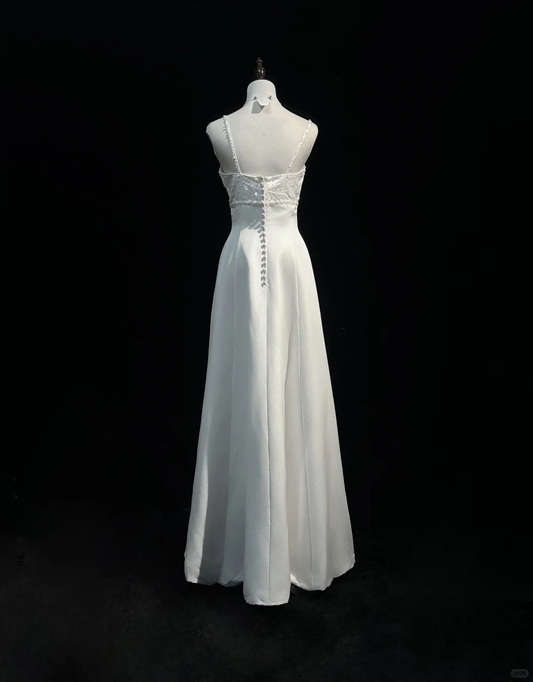Vestido de novia vintage, corte A, tirantes finos, satén blanco, cuentas, largo, estilo retro, modesto, DH2666