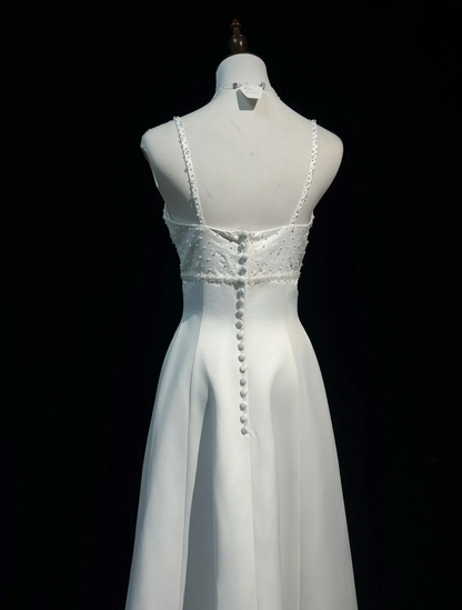 Vestido de novia vintage, corte A, tirantes finos, satén blanco, cuentas, largo, estilo retro, modesto, DH2666