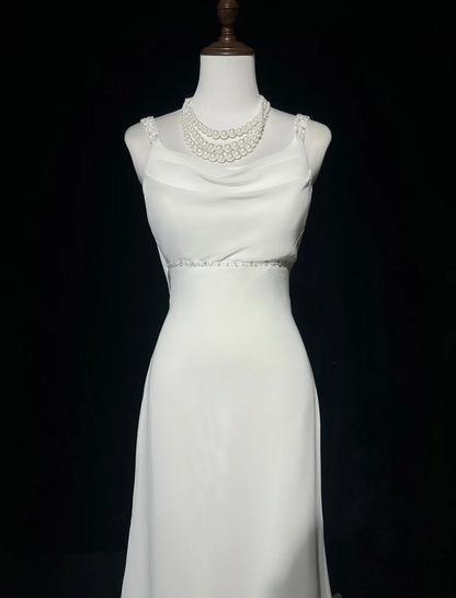 Vestido de novia vintage de corte sirena con tirantes finos, espalda descubierta, de gasa blanca, largo, estilo retro, modesto, DH2669