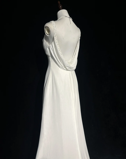 Vestido de novia vintage de corte sirena con tirantes finos, espalda descubierta, de gasa blanca, largo, estilo retro, modesto, DH2669