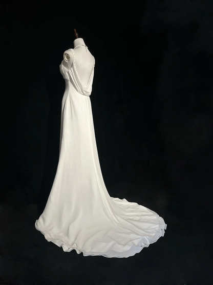 Vestido de novia vintage de corte sirena con tirantes finos, espalda descubierta, de gasa blanca, largo, estilo retro, modesto, DH2669