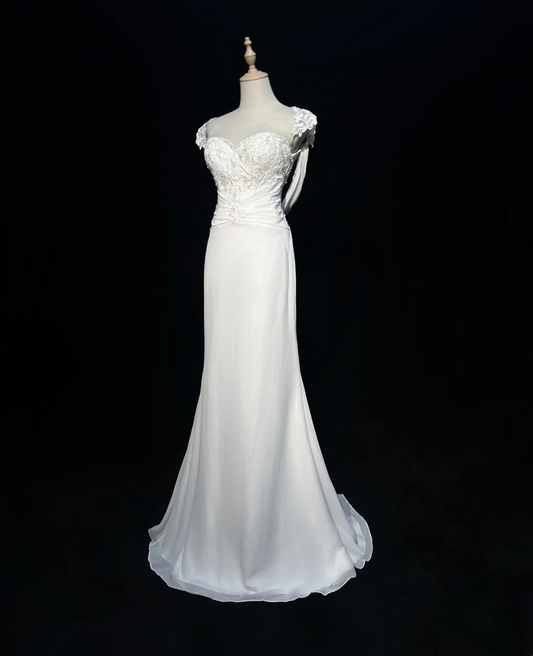 Vestido de novia vintage de corte sirena, escote corazón, espalda descubierta, de gasa blanca, encaje, largo, estilo retro, modesto, DH2671