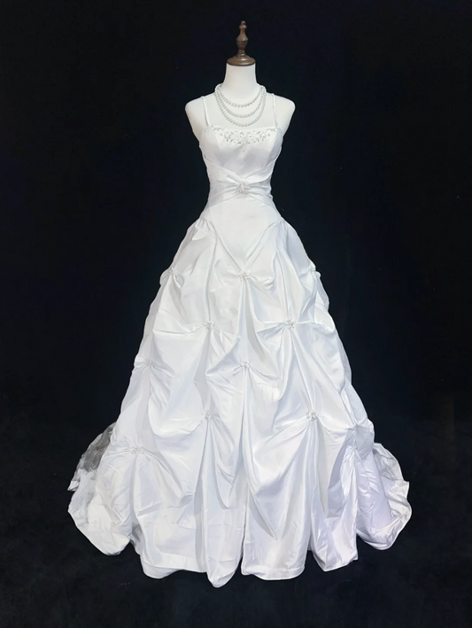 Vestido de novia vintage, vestido de fiesta con tirantes finos de tafetán blanco, vestido de novia largo, vestidos de novia retro, vestidos de novia modestos DH2672