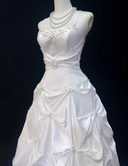 Vestido de novia vintage, vestido de fiesta con tirantes finos de tafetán blanco, vestido de novia largo, vestidos de novia retro, vestidos de novia modestos DH2672