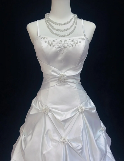 Vestido de novia vintage, vestido de fiesta con tirantes finos de tafetán blanco, vestido de novia largo, vestidos de novia retro, vestidos de novia modestos DH2672