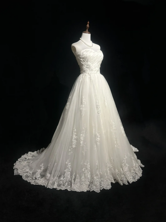 Vestido de novia vintage, vestido de fiesta, escote corazón, encaje, blanco, largo, estilo retro, modesto, DH2673