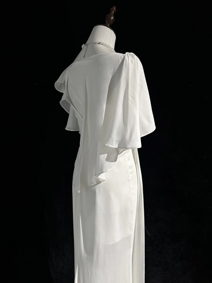 Vestido de novia vintage de corte sirena, escote cuadrado, de gasa blanca, largo, estilo retro, modesto, DH2674