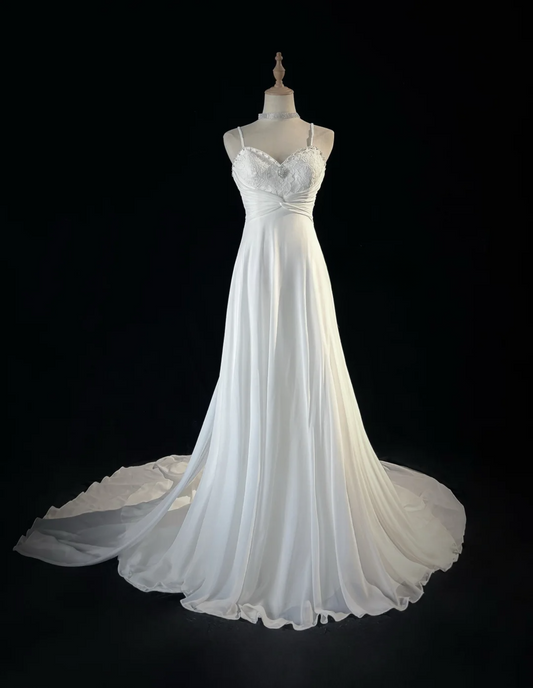 Vestido de novia vintage, corte A, tirantes finos, de gasa blanca, largo, estilo retro, modesto, DH2675
