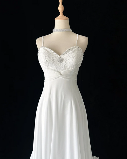 Vestido de novia vintage, corte A, tirantes finos, de gasa blanca, largo, estilo retro, modesto, DH2675