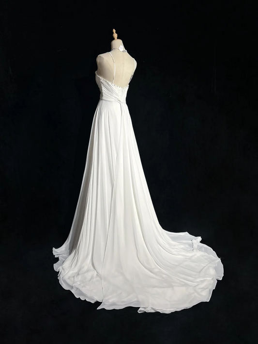 Vestido de novia vintage, corte A, tirantes finos, de gasa blanca, largo, estilo retro, modesto, DH2675